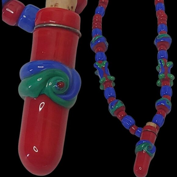 Art Jewelry - Beaded Art Glass Necklace Potion Bottle Charm Cork Red Blue Hippie Boho 11.5"